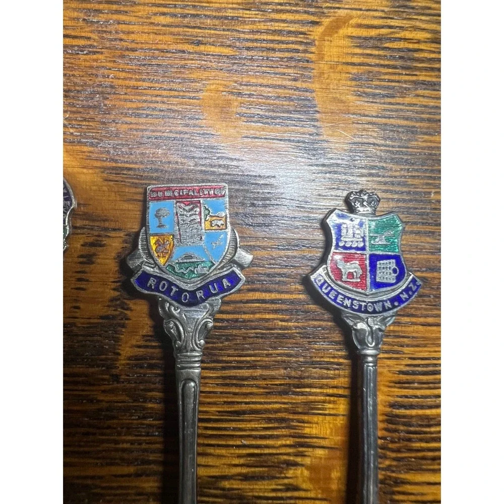 Vintage Silver Souvenir Spoon Set Lot Enamel Rotorua Queenstown Mt Cook EPNS 6pc
